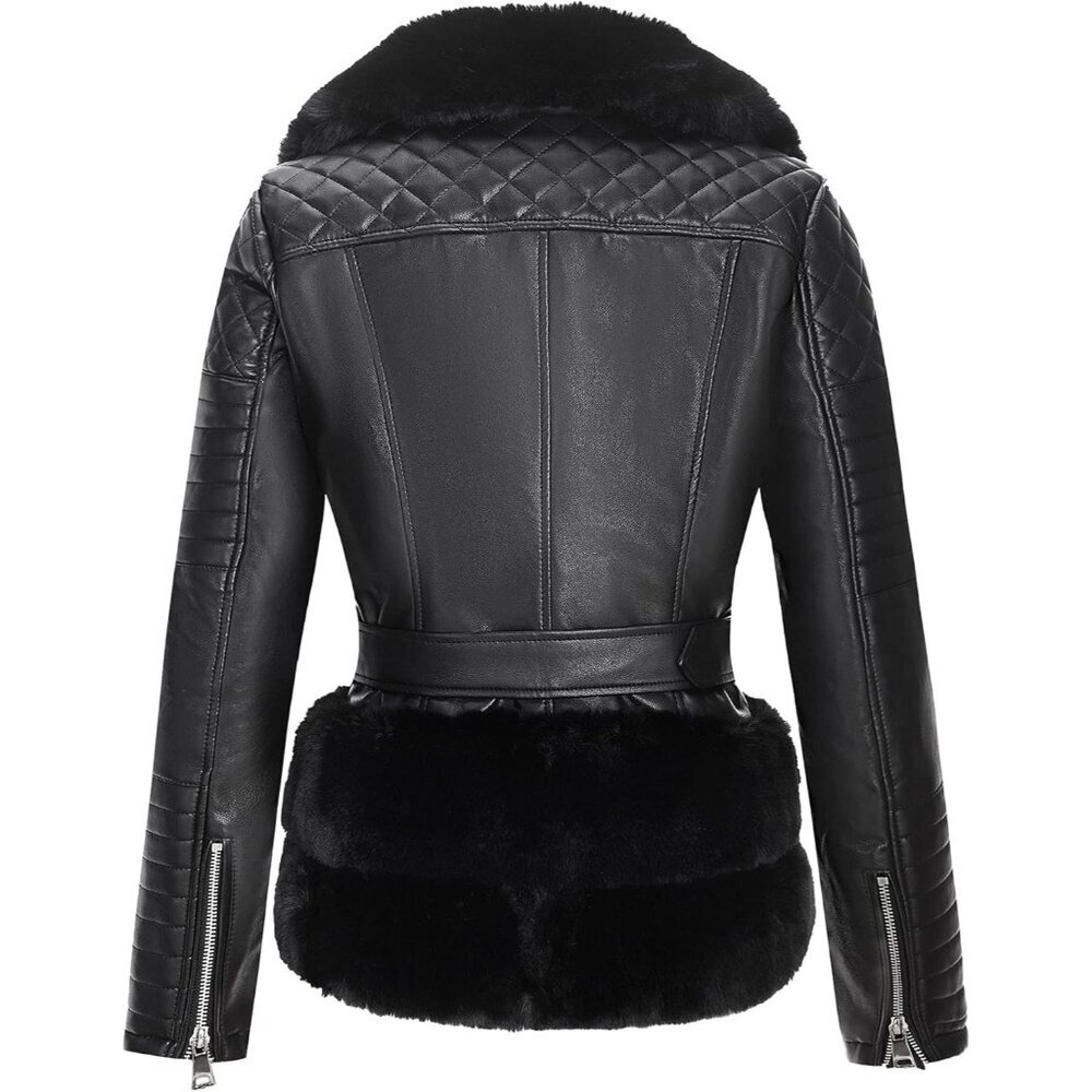 Women Faux Leather Jacket Moto Biker Coat with Removable Fur Collar Black Belt - Picture 3 of 6